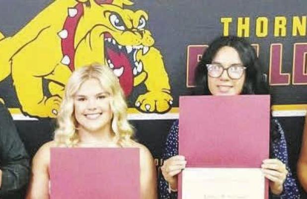 Receiving the 2026 Thorndale Area Chamber of Commerce Scholarship are Juan Acosta, Jordyn Stutts, Jayden Gonzales, and Riley Shock. Photo from Thorndale Area Chamber of Commerce Facebook