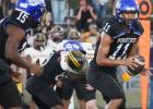 Chilton quarterback Marneko Thomas, Jr. (11) gets ready to toss the ball to runningback Dha’Corian Evans (15), during the Pirates 14-0 shutout win against district opponent Goldthwaite, last Friday night home. Photo Courtesy of Chilton ISD Facebook page