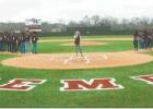 Opening Day 2019 was held at The Yards of Cameron on Feb. 2. At top, CJH student Mackenzie Mahan sings the National Anthem to kick off events. Middle left, CISD Superintendent Allan Sapp throws the ceremonial first pitch. Middle right, Young Yoemen compet Article Image Alt Text