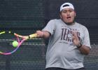 Cameron Yoe’s Alex Sanchez concentrates on the ball during Boys Doubles play last week against Salado. Sanchez teamed up with Daniel Rodriguez to win their match over Salado’s Gearhart/Kilpatrick, 6-3, 6-3.