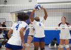 Chilton Lady Pirate Kureston Huitt (8) sets the ball up for teammate Mariyah Suiters (4), during their match last Tuesday with the Riesel Lady Indians. The Pirates fought hard, but came up short in the end as they fell to Riesel at home.
