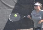Cameron Yoe’s Delilah Warner steps into the ball on this return, during Girls Doubles action last week against the team from Salado. Warner teamed with Reese Wimmer to defeat Salado’s Edwards/Wickline, 6-3, 4-6, 10-5.