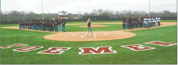 Opening Day 2019 was held at The Yards of Cameron on Feb. 2. At top, CJH student Mackenzie Mahan sings the National Anthem to kick off events. Middle left, CISD Superintendent Allan Sapp throws the ceremonial first pitch. Middle right, Young Yoemen compet