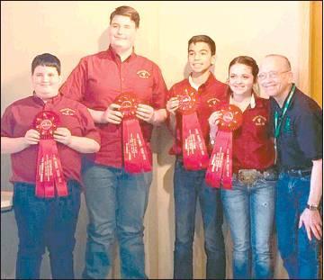 At left, the second place junior team at the Fort Worth Stock Show consisted of, from left, Jack Luckey, Ryan Luckey, Jacob Jackson, and Jenna Lindig. At